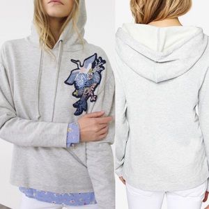 Sanctuary X Anthropologie Crane Bird Embroidered Crop Hoodie: Heathered Grey